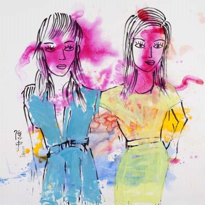 An abstract painting of two women in blue and green dresses